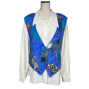 Bobbi Brooks Vintage Blue and White Button-Up Shirt with Vest
